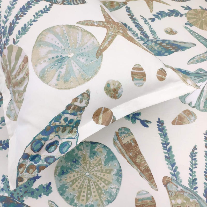 FADFAY Sheet Set Queen Beach Themed Bedding Sets 100% Cotton Super Soft Coastal Bedding White Teal Seashells and Starfish Nautical Bedding with Deep Pocket Fitted Sheet 4-Pieces Queen Size - Image 4